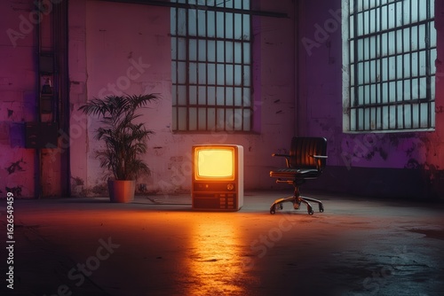 Retro Television In Empty Industrial Room With Warm Orange Light