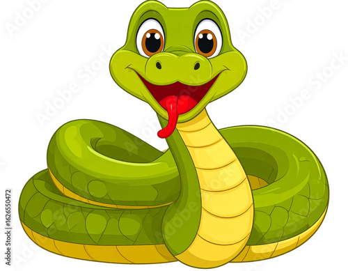 Smiling Green Cartoon Snake Coiled Up, Big Eyes and Friendly Face, Isolated PNG