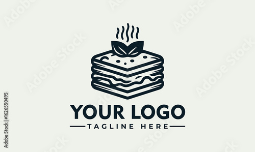 Stylish logo design featuring a layered pastry, possibly lasagna, topped with basil leaves and steam, ideal for a food business.