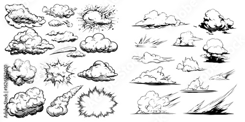 Cartoon clouds and dust smoke amidst a wind stream create a comic effect of explosion with fire puff and elements of trail and movement
