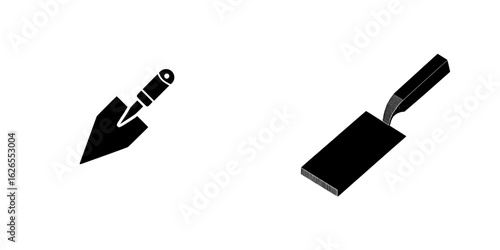 The trowel icon is modern, accompanied by a putty knife illustration sign, and also a spatula symbol or logo