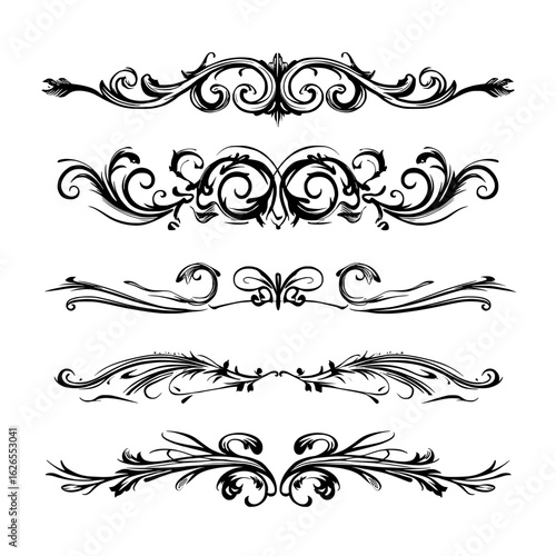 Victorian-style wedding frames and vintage text decorations with curved swirls are characterized by an elegant vignette, arrow underlines, and modern calligraphic illustration elements, including