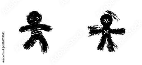 The modern icon of a voodoo doll is a sad fabric toy that serves as a ritual magical symbol, depicted in a simple black outline sketch isolated on a white background, featuring a doll with a heart