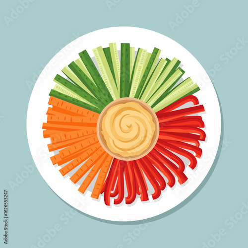 Colorful vegetable sticks arranged around a bowl of hummus dip on a white plate top view flat lay