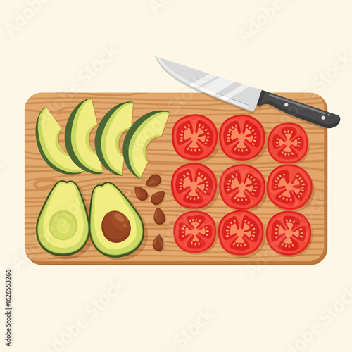 Freshly Sliced Avocado and Ripe Tomatoes Prepared on a Wooden Cutting Board with a Kitchen Knife Ready for Healthy Meal Preparation