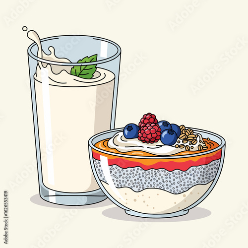 A refreshing glass of creamy yogurt with mint leaves and a nutritious bowl of chia seed pudding topped with berries and granola