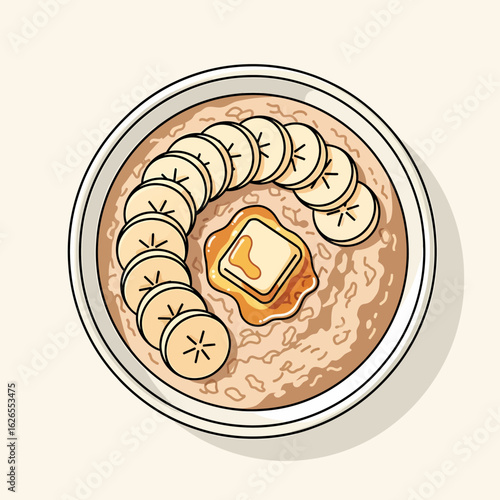 Delicious bowl of oatmeal topped with sliced bananas and a square of butter drizzled with honey
