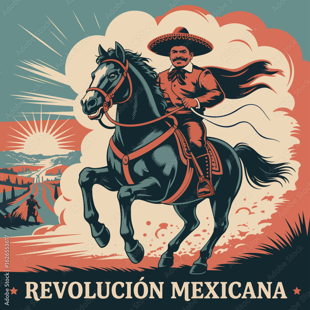 Fototapeta premium Flat Mexican Revolution Illustration Revolutionary Figure with Rifle and Flag