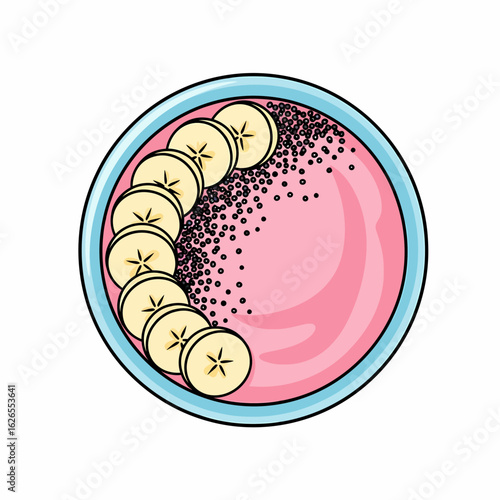 Overhead view of a pink smoothie bowl topped with sliced bananas and sprinkled with chia seeds in a light blue bowl