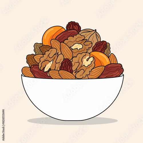 A generous bowl overflowing with mixed dried fruits and nuts including apricots almonds walnuts and raisins.