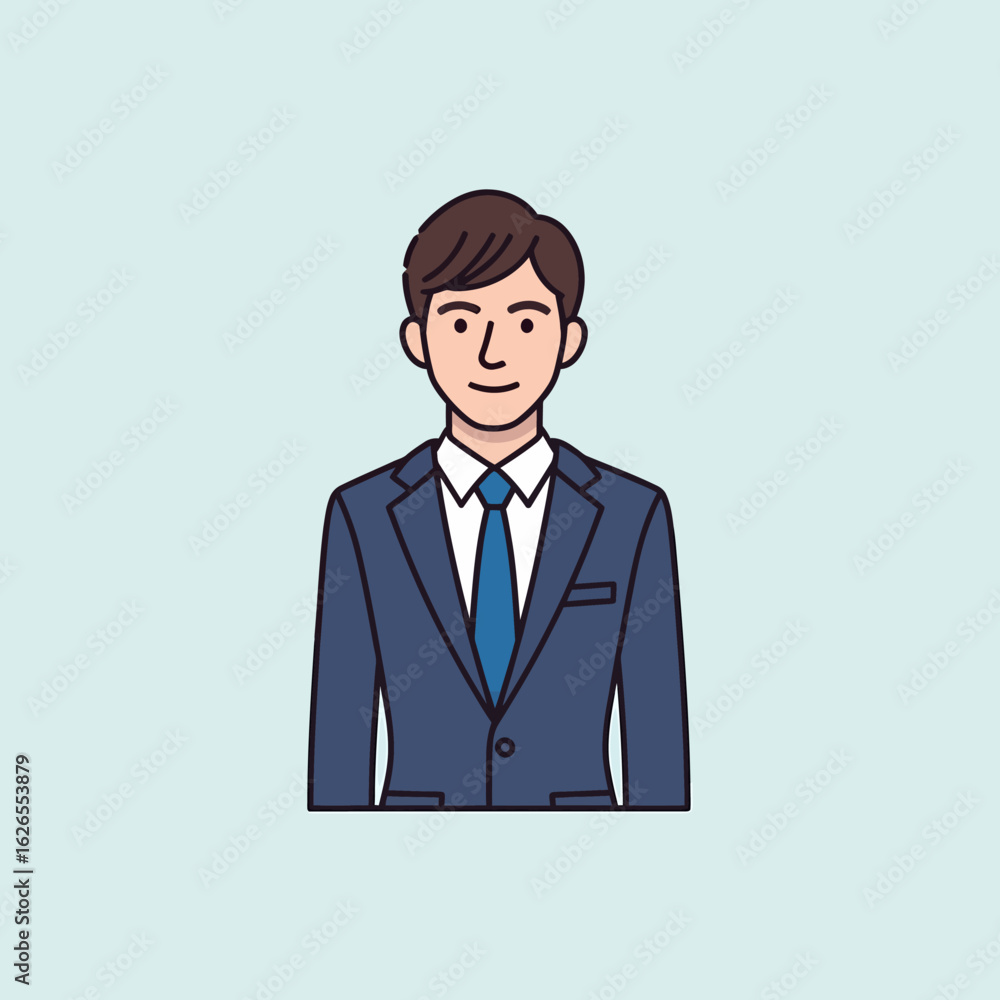 A young professional man wearing a dark blue suit and blue tie smiling confidently against a light blue background A young professional man wearing a dark blue suit and blue tie smiling confidently against a light blue background