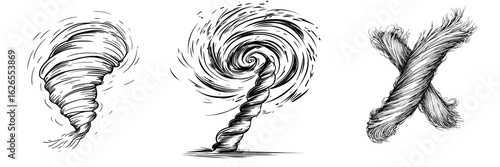 A hand drawn tornado sketch with freehand outline in black ink is set against a white sky backdrop with a circle of dust spinning fast in a twirl, creating a blow eddy blizzard that is isolated on