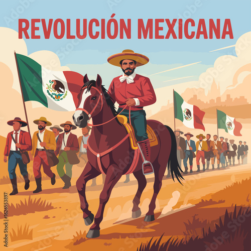 Flat Mexican Revolution Illustration Revolutionary Figure with Rifle and Flag