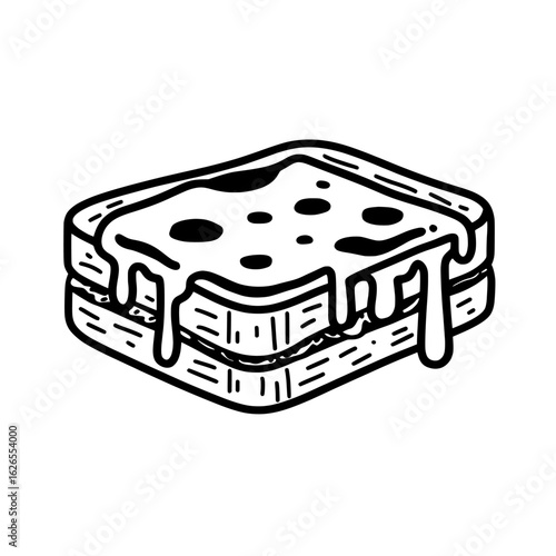 The French dish croque monsieur is depicted in a hand drawn sketch with an outline style as a representation of the country's cuisine and food in isolation
