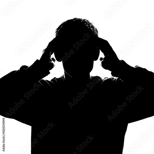 The man covers his ears with his hands, creating a silhouette, or the man covered his ears with his hands, man covering ears from sound distraction, for content related to sound interference