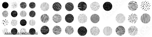 Abstract grunge round textures comprise hand drawn drops, lines, and spirals, forming a circle decorative graphic suitable for art prints, as part of a scribble black modern neoteric modern