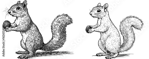 Modern illustration of a squirrel sitting in a hand drawn engraved style
