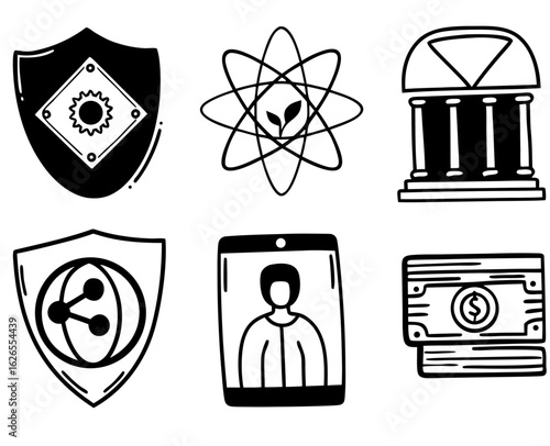 Illustration of shields, atom, building, tablet, and money in black and white doodle style