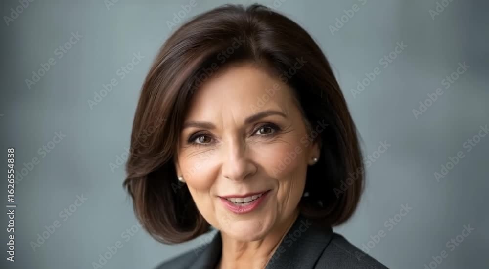 Portrait of a smiling woman with short brown hair wearing a dark blazer against a gray background Portrait of a smiling woman with short brown hair wearing a dark blazer against a gray background