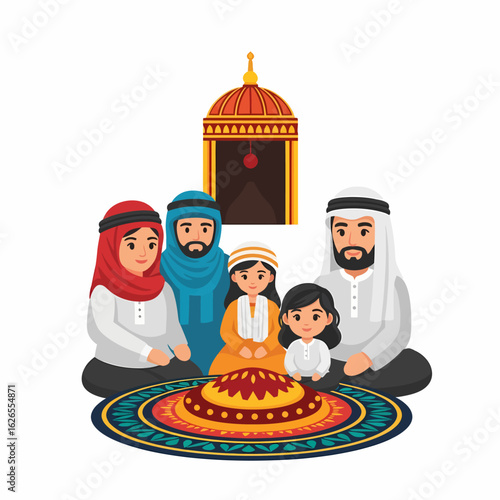A happy middle eastern family sitting together on a rug with traditional clothing and a decorative lantern above them