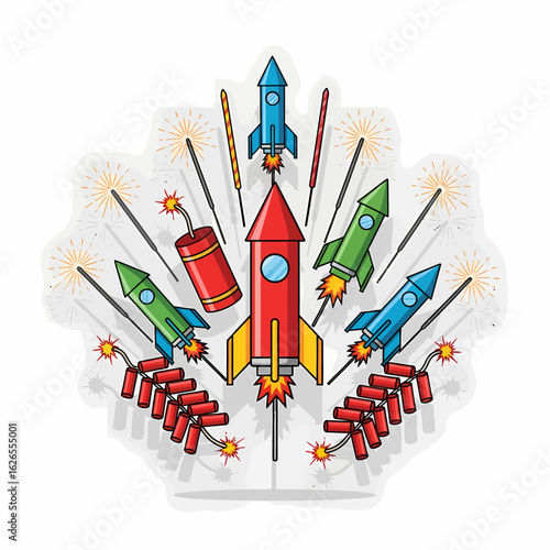 Explosive celebration featuring rockets fireworks and firecrackers in a symmetrical burst of light and color