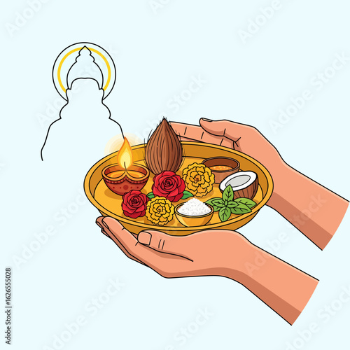 Hands holding a traditional pooja thali with auspicious items and a deity outline