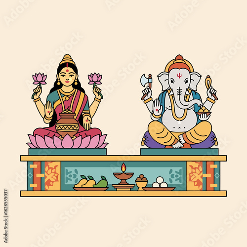 Hindu deities Lakshmi and Ganesha seated on a decorative altar with offerings for a religious ceremony