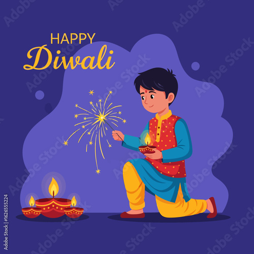 Young Indian boy celebrating Diwali festival lighting sparklers and diyas