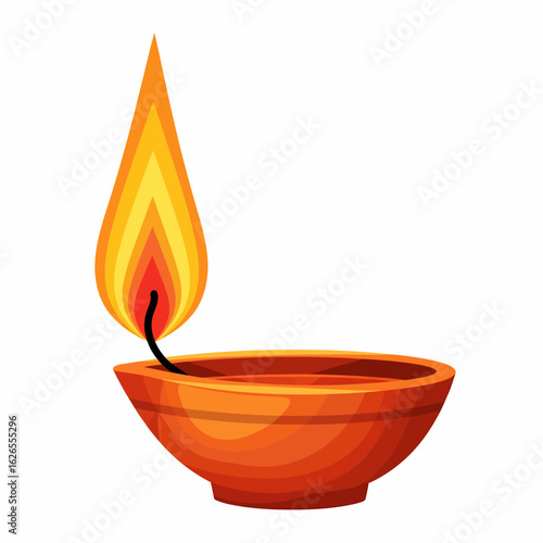A traditional clay oil lamp glowing brightly with a warm orange flame on a white background