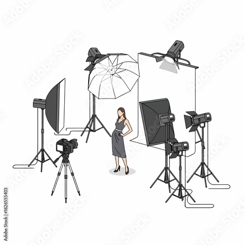 Professional photo studio setup with a model posing amidst various lighting equipment and camera for creative photography