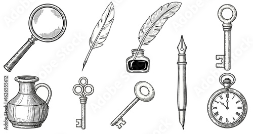 Collection of antique writing tools and vintage items including keys and a pocket watch illustration