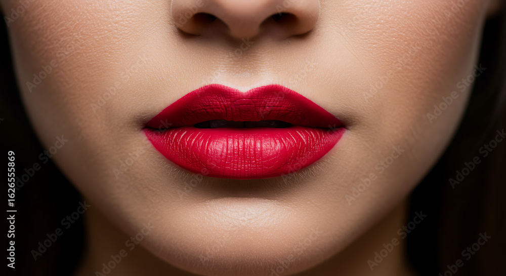 A stunning macro close-up of a woman's perfectly shaped, sensual lips adorned with a classic, vibrant red lipstick. A stunning macro close-up of a woman's perfectly shaped, sensual lips adorned with a classic, vibrant red lipstick.
