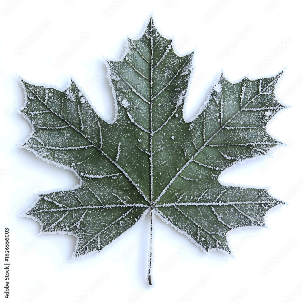 Fototapeta premium A single green maple leaf covered in frost isolated on a white background in close up view