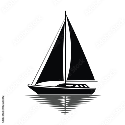 A sleek black silhouette of a sailboat gracefully gliding on stylized waves, with a solitary seabird in flight. Simple vector icon.