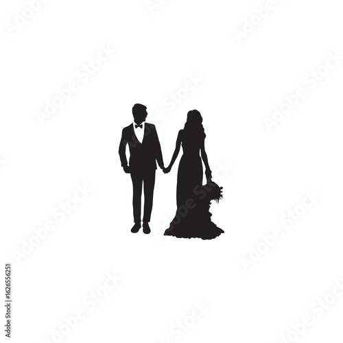 Bride and groom silhouette holding hands wedding day vector illustration