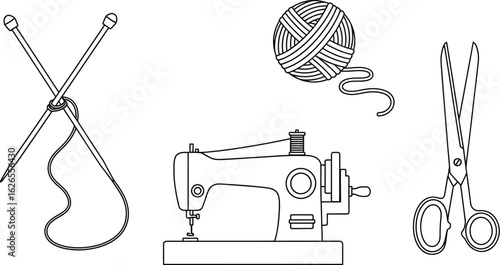 Vector art of sewing machine, yarn, knitting needles, and scissors icons representing crafting, tailoring, and textile art for handmade fashion