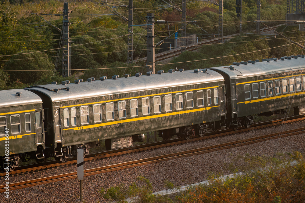 Naklejka premium Green trains run on the tracks