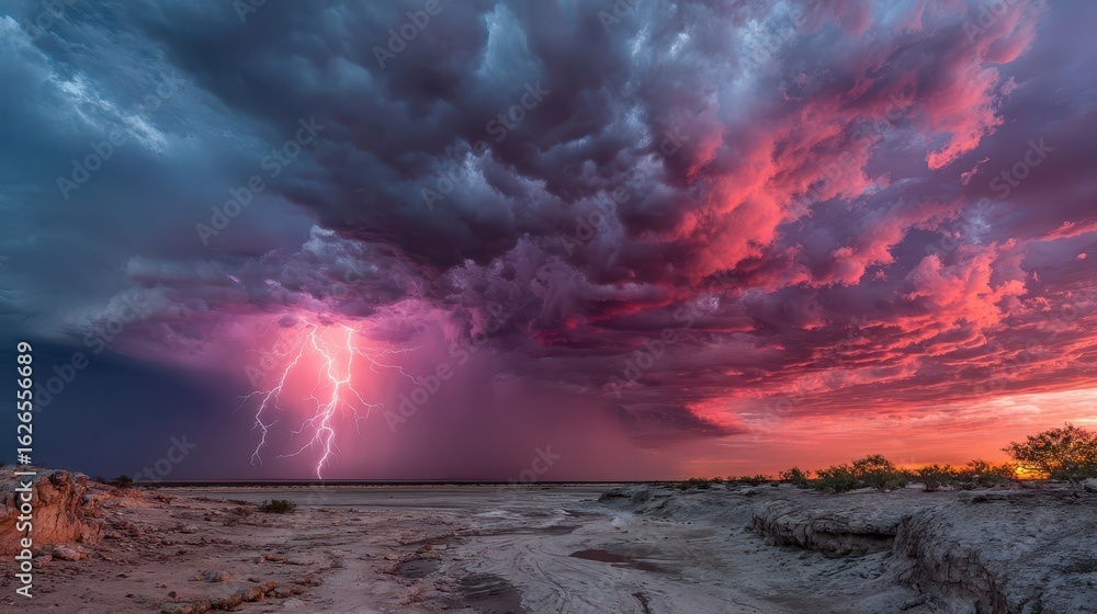 Naklejka premium Dramatic lightning storm over a desert landscape at sunset.