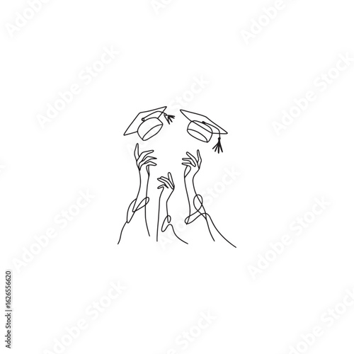 Graduation celebration continuous line art hands tossing caps minimalist design