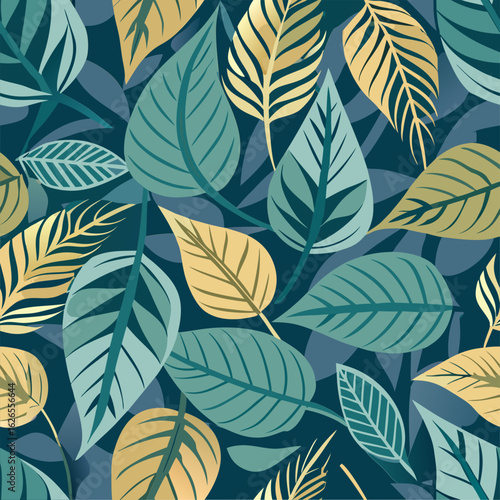 Abstract graphic pattern of various leaves in teal and gold tones on a dark background. Intricate designs and detailed veining create a lush. tropical feel.