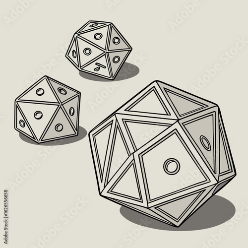 Illustration of three geometric polyhedral dice with circular markings and drop shadows on a light surface