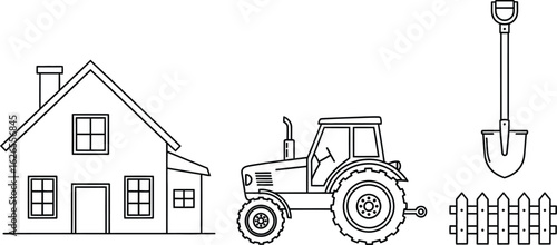 Illustration of a house, tractor, shovel, and fence the drawing captures the essence of rural life and agriculture