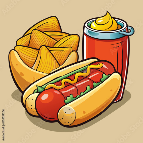 Cartoon illustration of hot dog. chips. and soda. Colorful fast food combo for a casual setting.