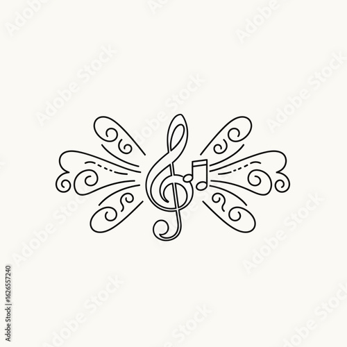 Musical treble clef with ornate swirls and a musical note on a light background