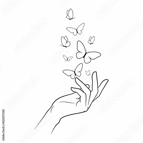 Delicate hand releasing a swarm of butterflies into the air a whimsical illustration