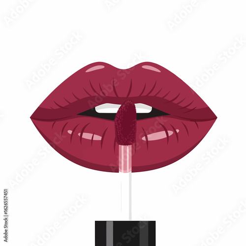 Close up of luscious dark red lips with a plush lip gloss applicator applying a rich berry shade of liquid lipstick
