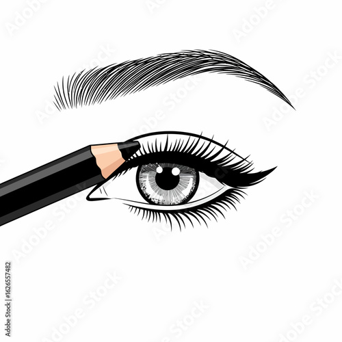 Detailed illustration of an eye with a black pencil applying eyeliner with precision strokes