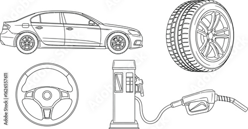 Illustration of a car, tire, steering wheel, and gas pump the drawing captures the essence of automotive industry