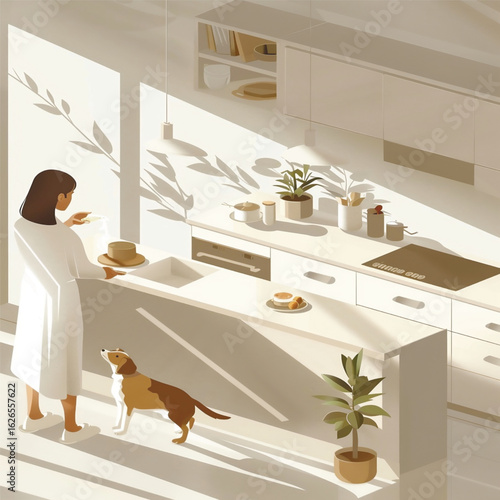 Woman with dog in minimalistic white kitchen interior illustration. Vector illustration