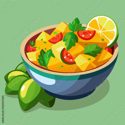 Colorful fruit salad in a bowl with lime garnish. Fresh. vibrant display of diced mango. tomato. and herbs in a decorative bowl.